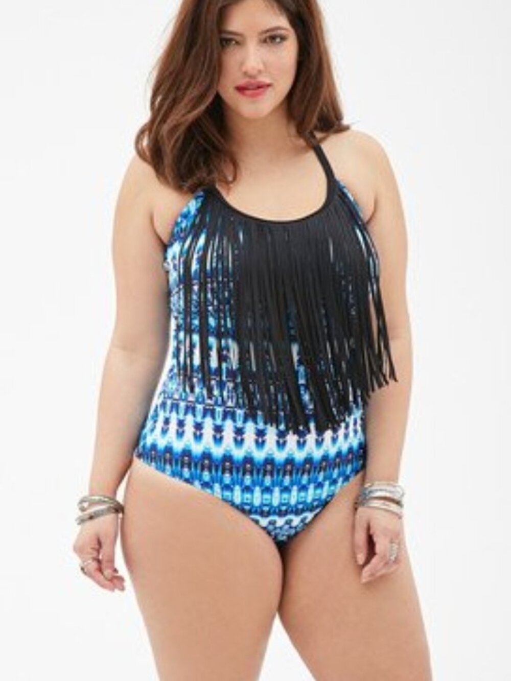 Forever 21 Plus Size Boho Tribal White Blue Fringed Swimsuit 1 Piece 1X